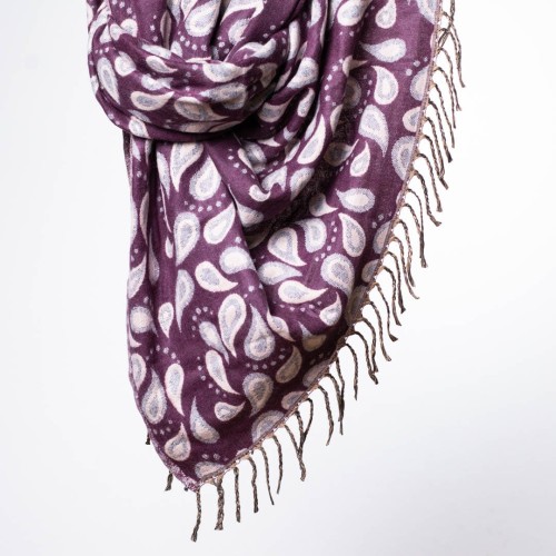 damski szal himalajski z wzorami i frędzlami bakłażanowy