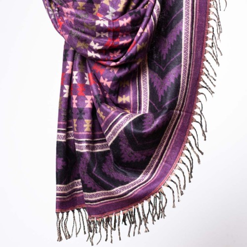 damski szal himalajski z wzorami i frędzlami śliwkowy fiolet