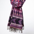 damski szal himalajski z wzorami i frędzlami śliwkowy fiolet