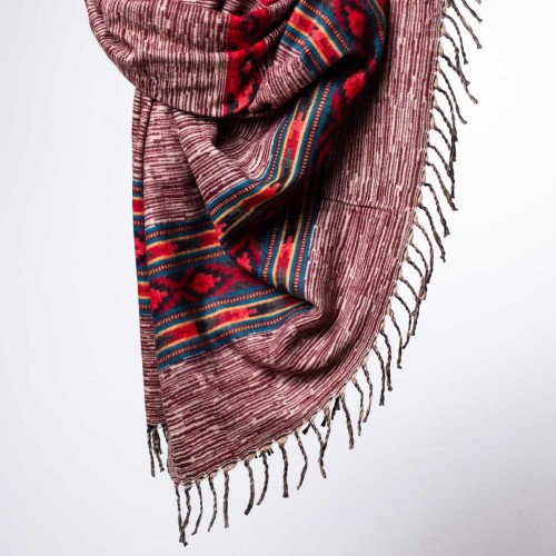 damski szal himalajski z wzorami etno w orientalnym stylu czekoladowo - wiśniowy