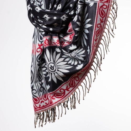 szal himalajski z Nepalu z wzorem kwiatowym w orientalnym stylu czarny