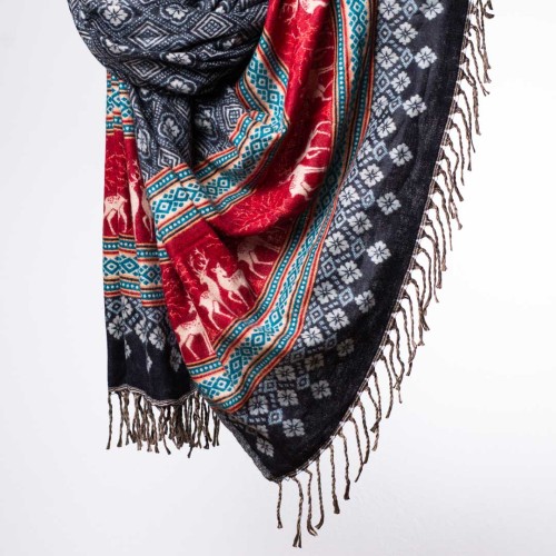 szal himalajski z Nepalu z wzorami etno w orientalnym stylu boho czarny