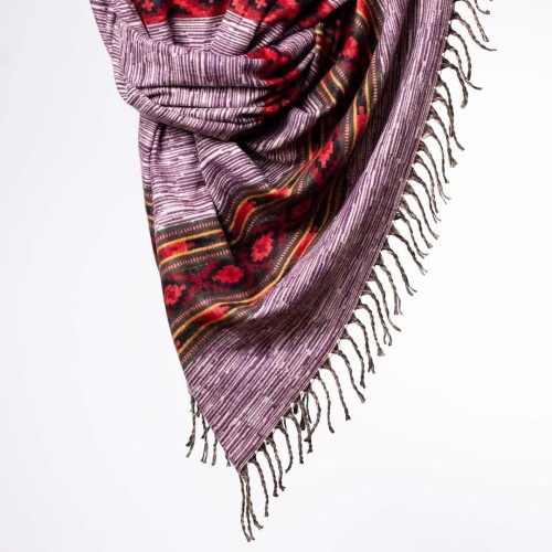 szal himalajski z Nepalu z wzorami etno w orientalnym stylu boho śliwkowy