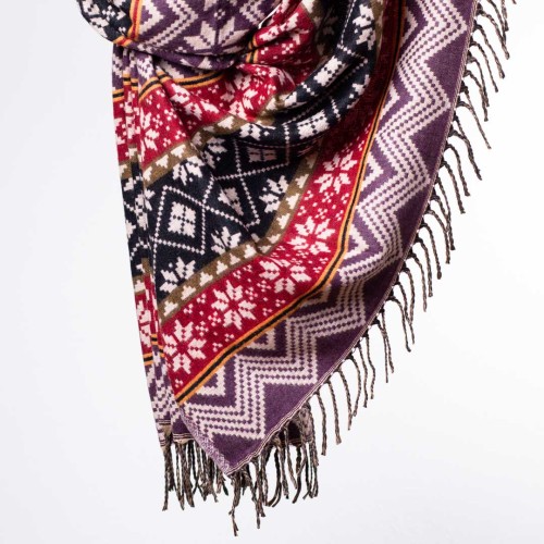 szal himalajski z Nepalu w graficzne wzory etno w orientalnym stylu boho śliwkowy