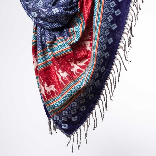 szal himalajski z wzorami etno i frędzlami granatowy