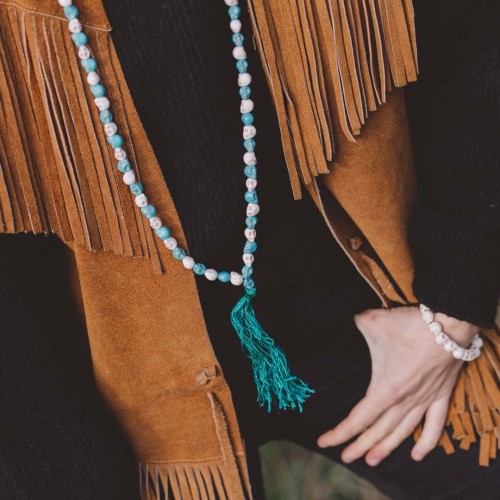 mala buddyjska naszyjnik do medytacji czaszki kosc yaka biala turkusowa