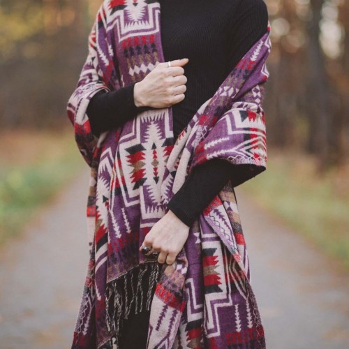 dlugi jesienny zimowy fioletowy sliwkowy szal szalik damski we wzory boho na jesien na zime