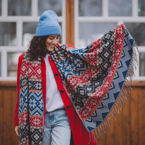 szal himalajski z wzorami etno niebieski