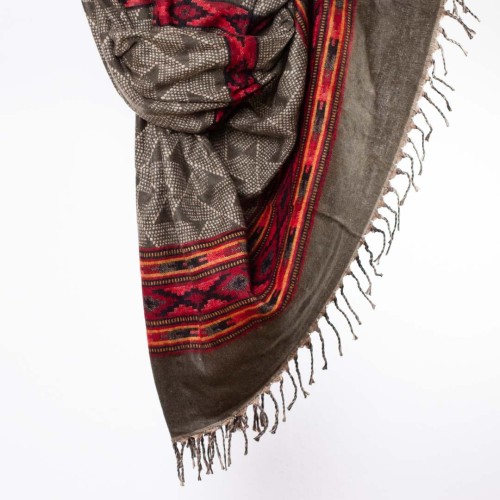 szal etno boho wzory khaki oliwka