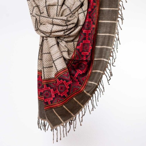 szal koc himalajski w krate z wzorami etno boho khaki ciemny