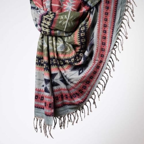 szal kocyk w kolorowe wzory etno boho oliwkowy