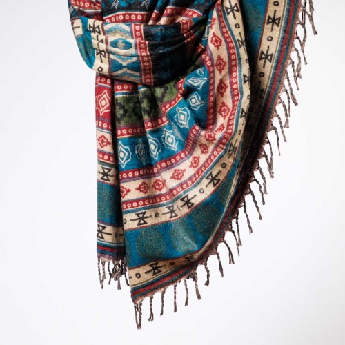 szal kocyk damski z kolorowymi wzorami etno boho zielony