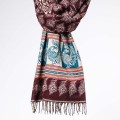 damski szal kocyk w kolorowe wzory etno boho z fredzlami czekoladowy