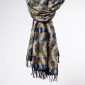 damski szal kocyk w kolorowe wzory etno boho z fredzlami zielony miodowy