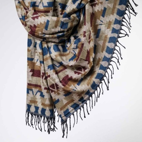 damski szal kocyk w kolorowe wzory etno boho z fredzlami khaki niebieski