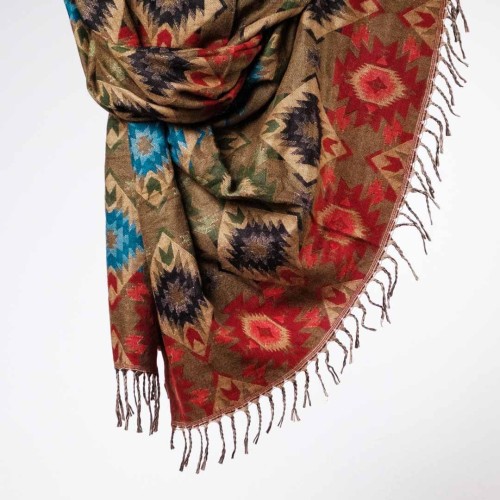 damski szal koc w kolorowe wzory etno boho z fredzlami bursztynowy