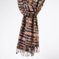 damski szal kocyk w kolorowe wzory etno boho z fredzlami bursztynowy