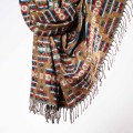 damski szal kocyk w kolorowe wzory etno boho z fredzlami bursztynowy