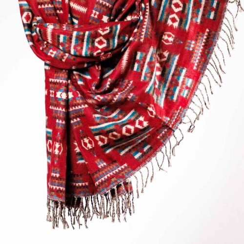 damski szal kocyk w kolorowe wzory etno boho z fredzlami czerwony