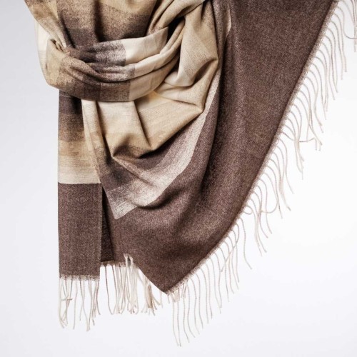 damski szal z domieszką kaszmiru we wzory etno boho z fredzlami brazowy ecru