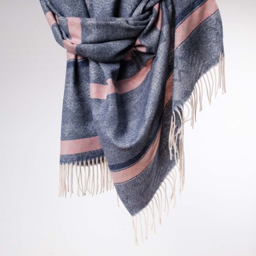 damski szal z dodatkiem kaszmiru we wzory niebieski rozowy