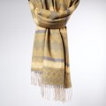 damski szal z dodatkiem kaszmiru zolty we wzory z fredzlami