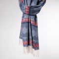 damski szal kaszmirowy we wzory niebieski z fredzlami