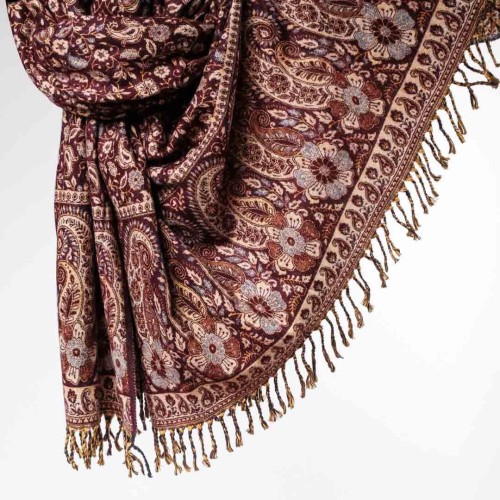 damski szal kocyk indyjski w orientalne wzory czekoladowy braz