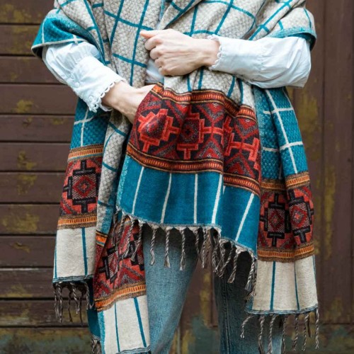 szal koc w krate z wzorami etno boho morska zielen