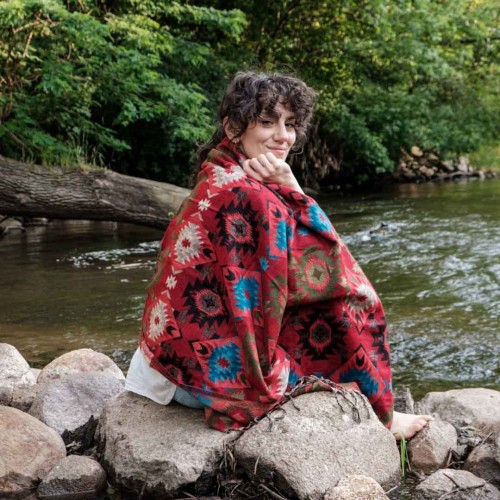 damski szal kocyk w kolorowe wzory etno boho czerwony