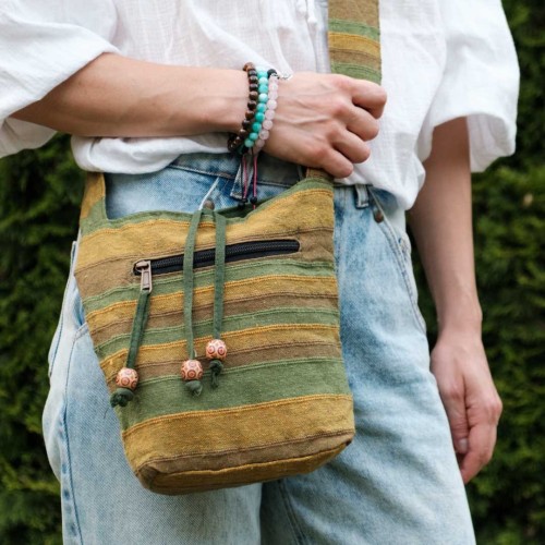 indyjska bawelniana torba boho hippie etno na ramie festiwalowa zielona zolta