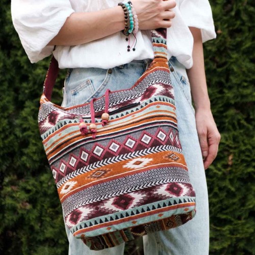 indyjska bawelniana torba we wzory hippie boho etno na ramie, na plaze, na zakupy, shopperka, wisniowa