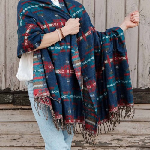 dlugi damski niebieski szal szalik we wzory boho chusta indyjska na zime, na lato