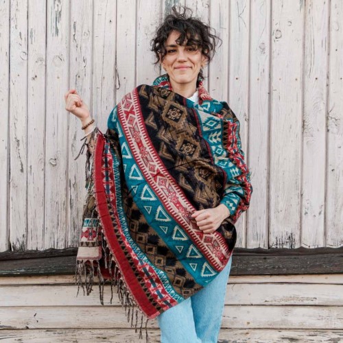 dlugi damski kolorowy czerwony turkusowy brazowy szal szalik we wzory na zimę na jesien