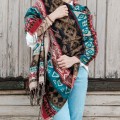 dlugi damski kolorowy czerwony turkusowy brazowy szal szalik we wzory na zimę na jesien