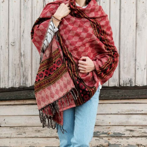 dlugi damski czerwony szal szalik chusta we wzory boho etno na jesien na zime