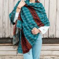 dlugi damski turkusowy morski zielony szal szalik chusta we wzory boho na jesien na zime