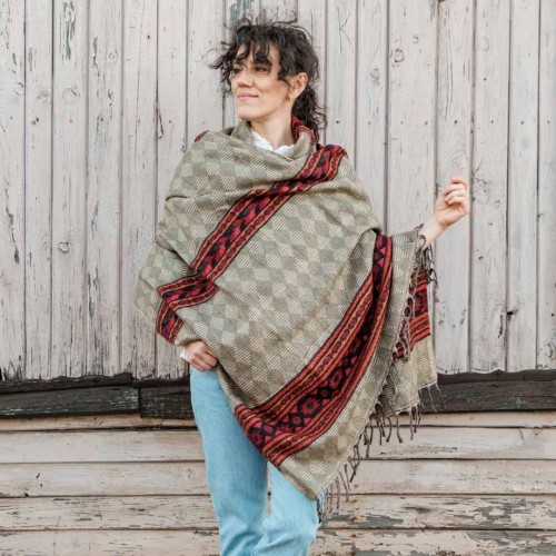 dlugi damski oliwkowy khaki szal szalik chusta we wzory boho na jesien na zime