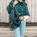 dlugi damski zielony morski turkusowy szal szalik z wzorami boho na jesien na zime