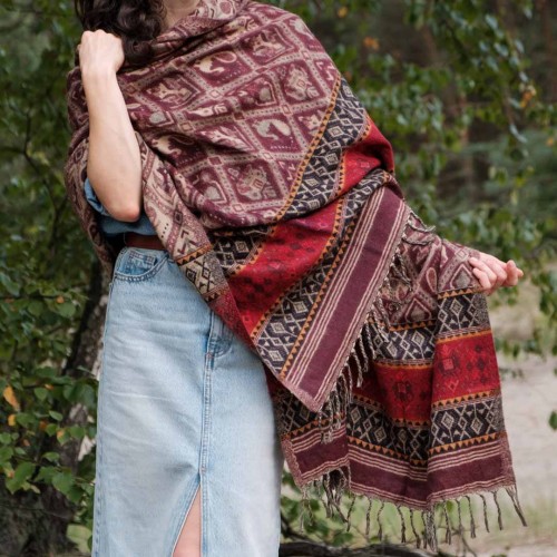 dlugi duzy damski szal szalik chusta we wzory fioletowy sliwkowy burgundowy na jesien na zime