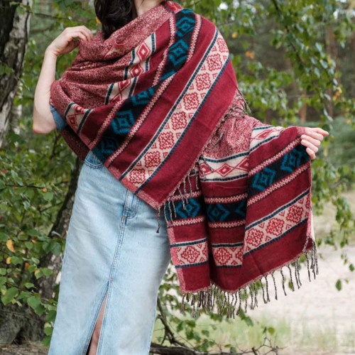 dlugi duzy damski wisniowy szal szalik we wzory na jesien na zime boho oversize