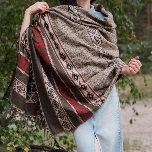 dlugi duzy damski  oliwkowy khaki szal szalik poncho we wzory boho na jesien na zime