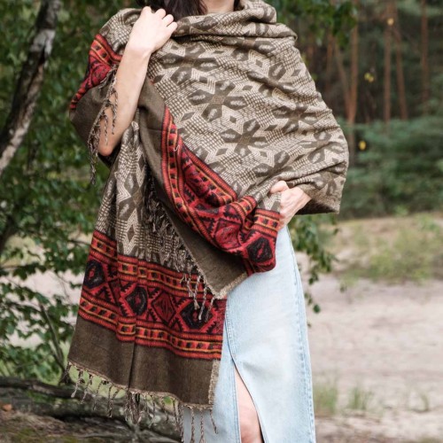 dlugi damski szal szalik we wzory khaki oliwkowy na jesien na zime