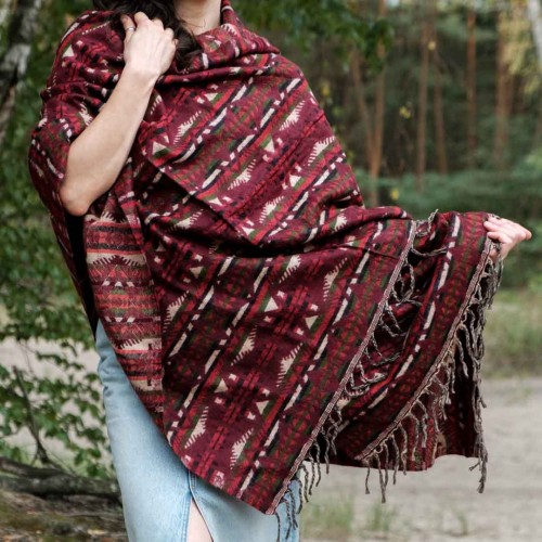 dlugi duzy wisniowy borodwy burgundowy szal szalik damski we wzory na jesien na zime