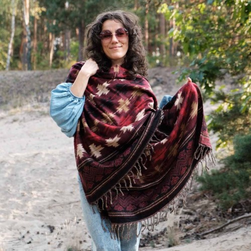 dlugi damski jesienny zimowy burgundowy wisniowy szal szalik we wzory do plaszcza