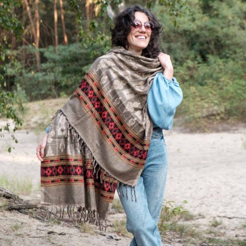 dlugi duzy jesienny zimowy damski szal szalik we wzory boho etno oliwkowy khaki jasny