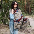 dlugi zimowy jesienny damski szal szalik chusta we wzory etno boho indianskie oliwkowy khaki