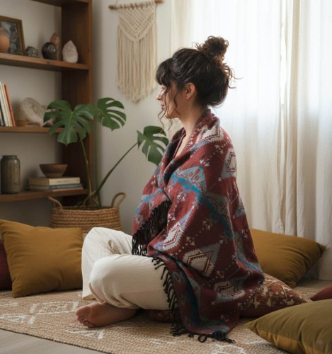 Szal boho w odcieniu czekoladowego brązu z niebiesko-beżowym wzorem – kobieta w stylowym wnętrzu otulona szalem, idealnym na jesień i zimę