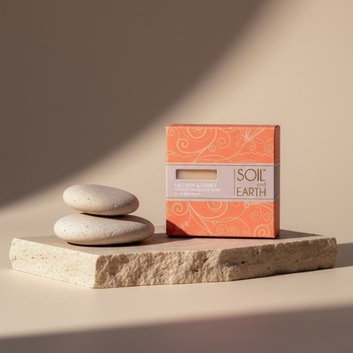 Indyjskie mydło Saffron &amp; Honey na kamiennej podstawce obok gładkich kamieni – naturalne mydło nawilżające z miodem i szafranem