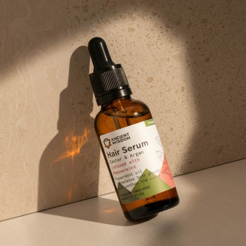 Organiczne serum do włosów z pipetą, w szklanej butelce Amber – Hair Serum Castor &amp; Argan z miętą pieprzową, produkt na tle naturalnego kamienia